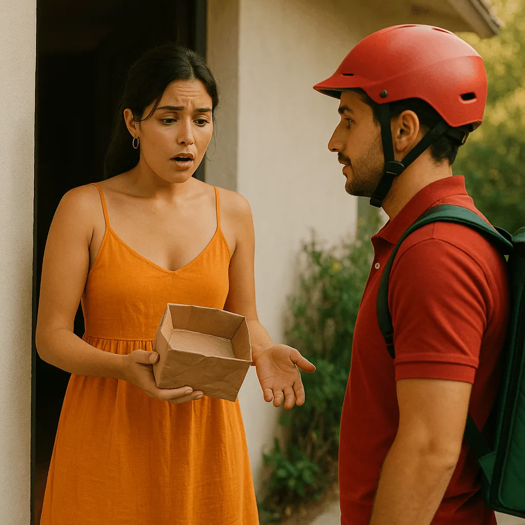 A customer showing the rider an incomplete takeaway box at her front door