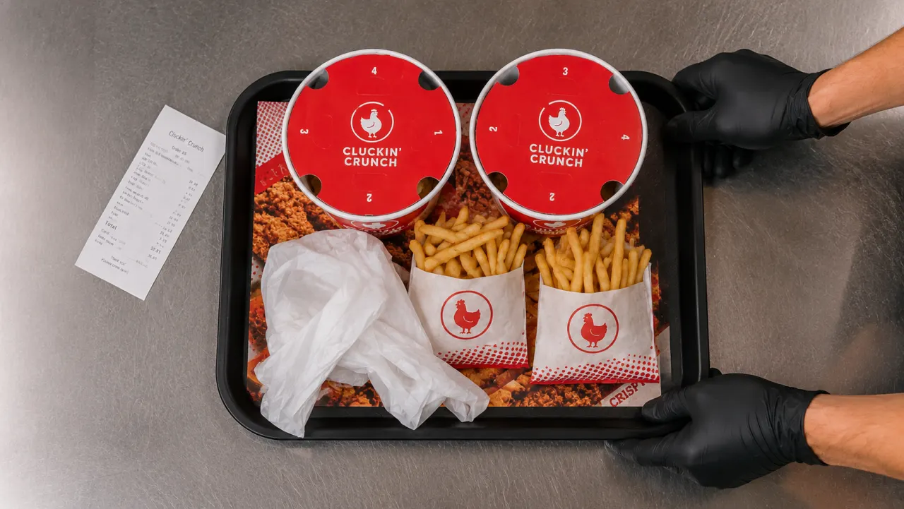 A fried chicken order tray assembled in the kitchen with its docket alongside, ready for photo verification