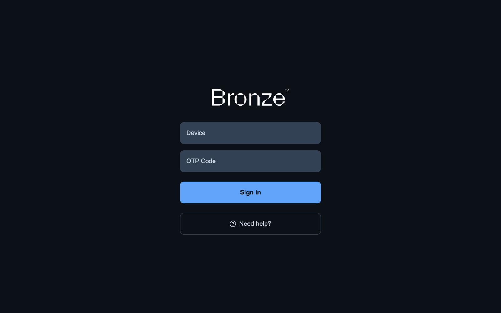 Tracker sign-in screen, with the device and OTP code fields