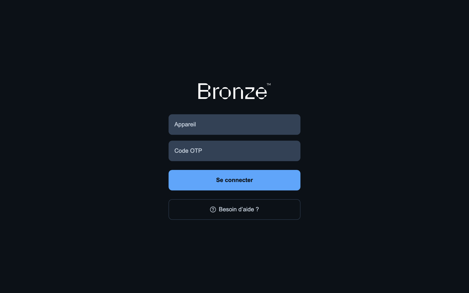 Écran de connexion du Tracker, avec les champs appareil et code OTP