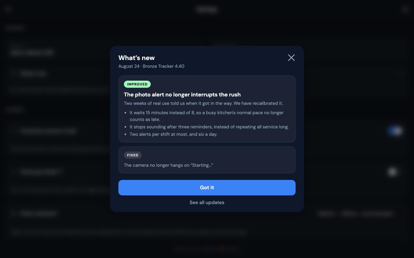 The what's-new modal open over the Tracker's settings screen