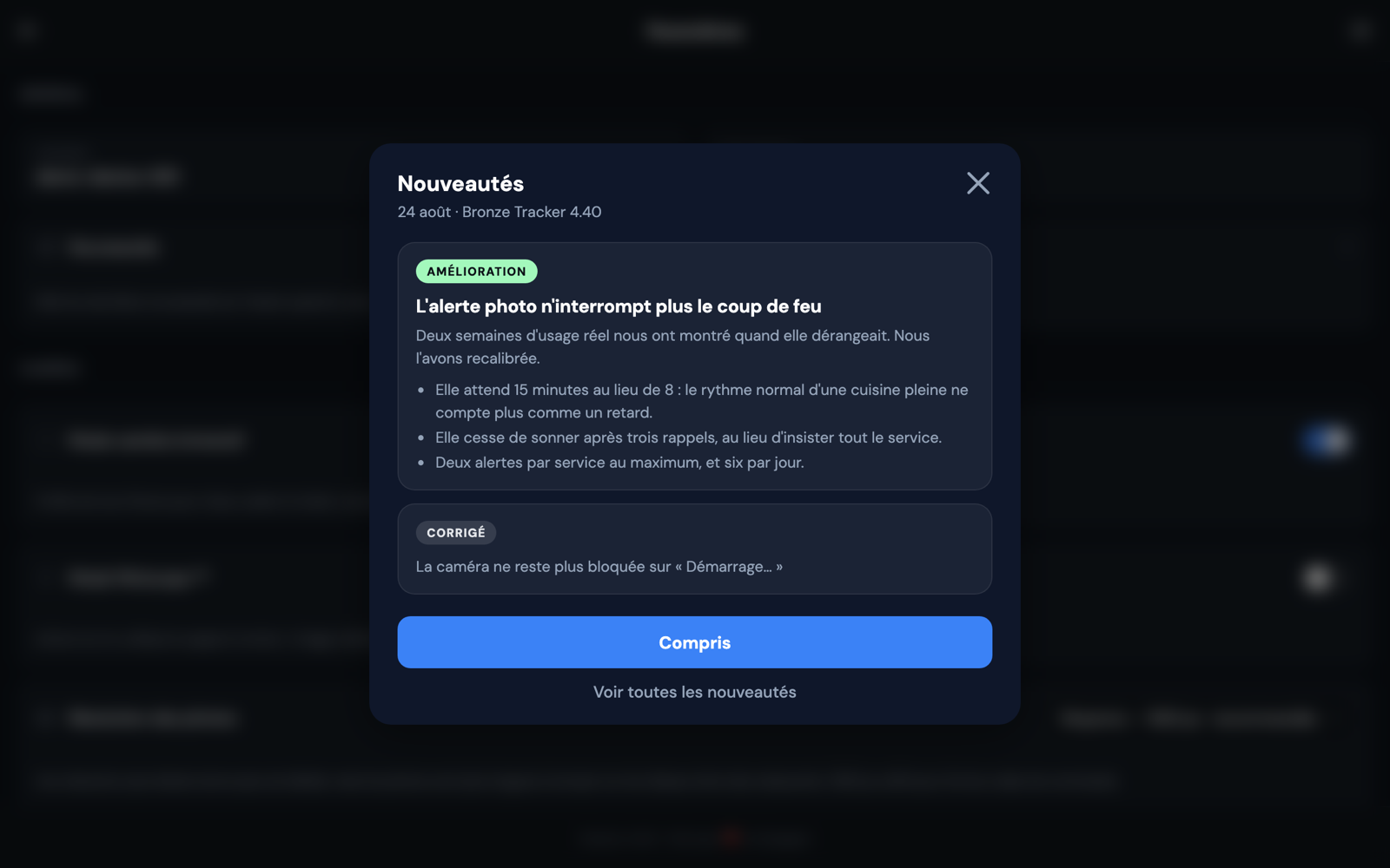 La fenêtre des nouveautés ouverte sur l'écran des réglages du Tracker