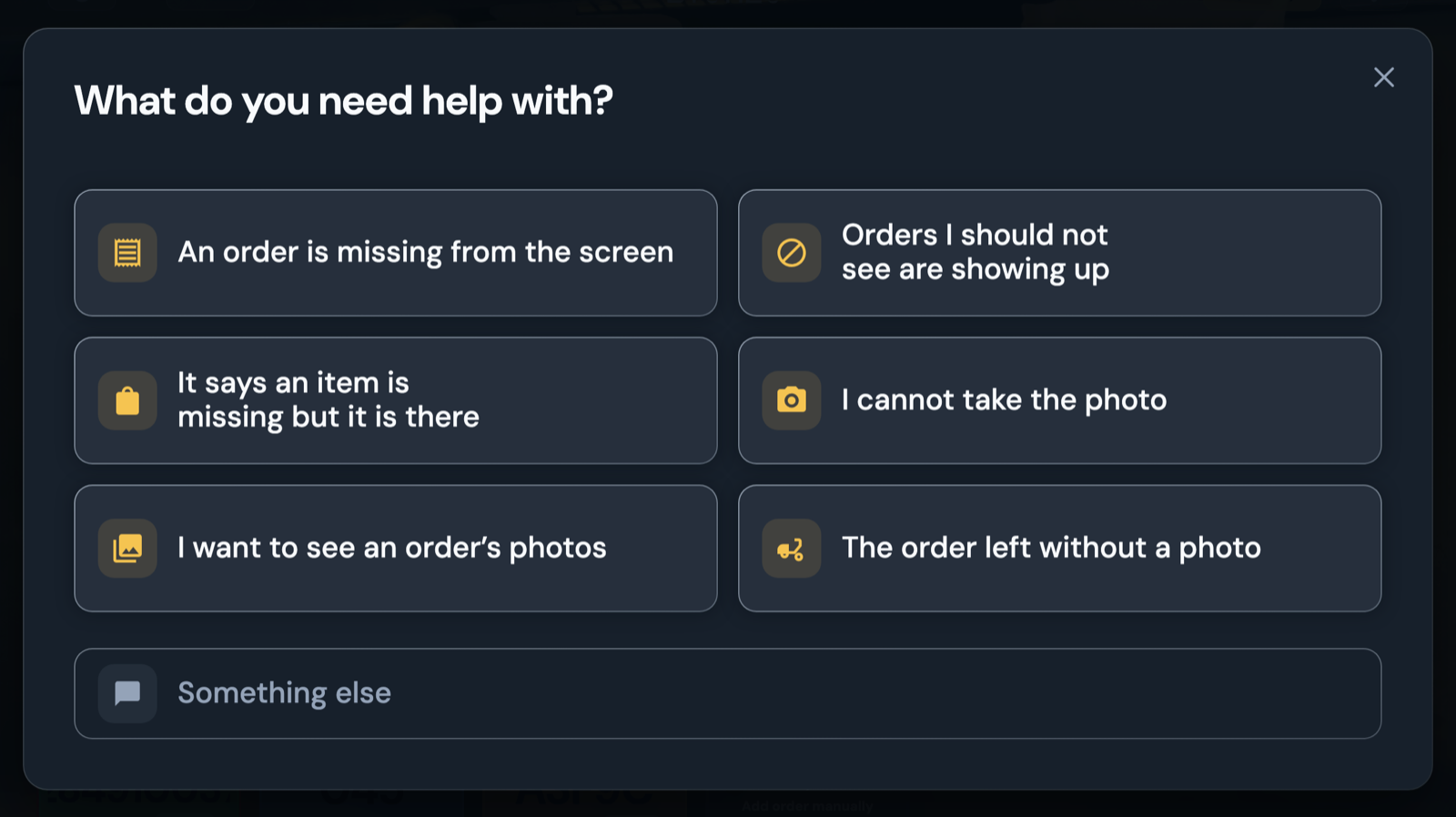 The Tracker's help modal with the six most frequent problems, each with its icon