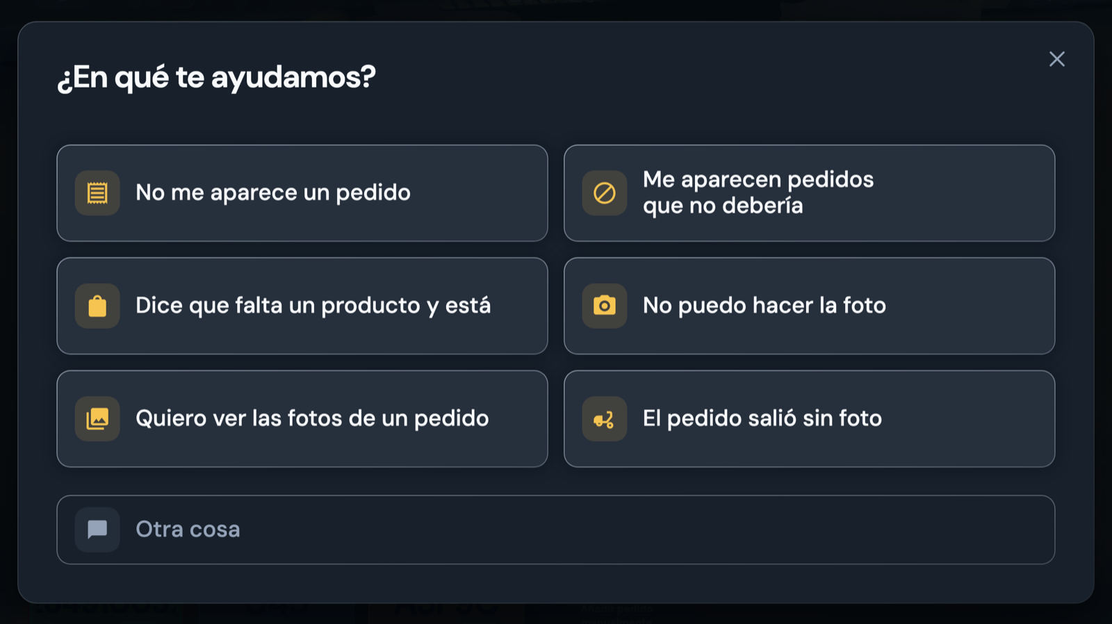 El modal de ayuda del Tracker con los seis problemas más frecuentes, cada uno con su icono