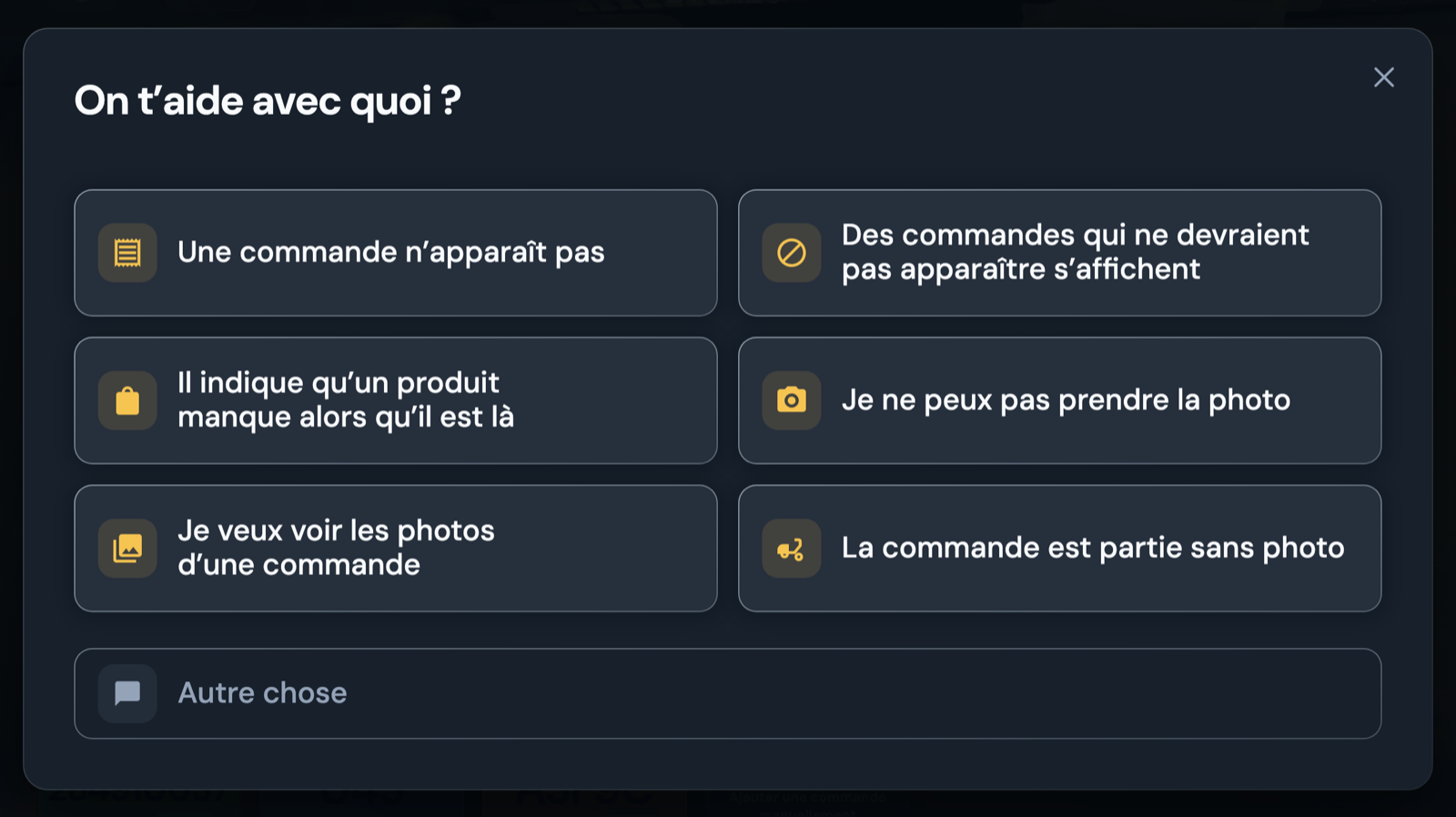 Le modal d'aide du Tracker avec les six problèmes les plus fréquents, chacun avec son icône