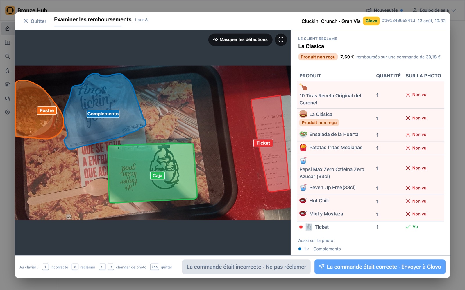 L'écran de vérification du Hub : la photo de la commande avec les détections de l'IA et le ticket à côté